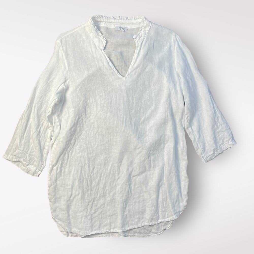 Rosemarine White Ruffled V-Neck‎ 3/4 Sleeve Linen Blouse Size S